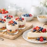 Hideg no-bake desszertek sorakoznak gyümölcsökkel, tejszínhabbal és színes rétegekkel a tálon.