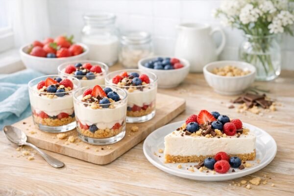 Hideg no-bake desszertek sorakoznak gyümölcsökkel, tejszínhabbal és színes rétegekkel a tálon.