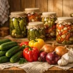 A augusztus végi zöldségek savanyítására készülő üvegek képe a konyhában