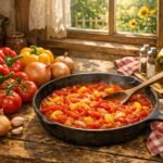 Nyári kertben termett paprika, paradicsom és hagyma felhasználásával készülő színes lecsó.