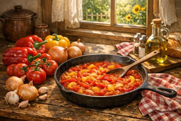 Nyári kertben termett paprika, paradicsom és hagyma felhasználásával készülő színes lecsó.