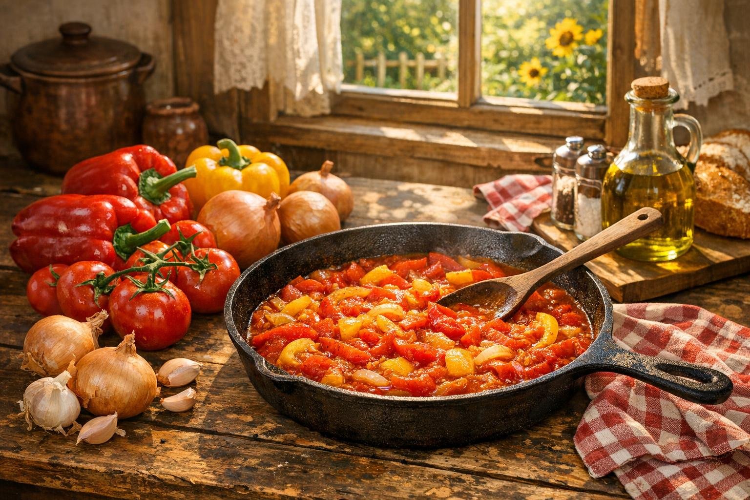 Nyári kertben termett paprika, paradicsom és hagyma felhasználásával készülő színes lecsó.