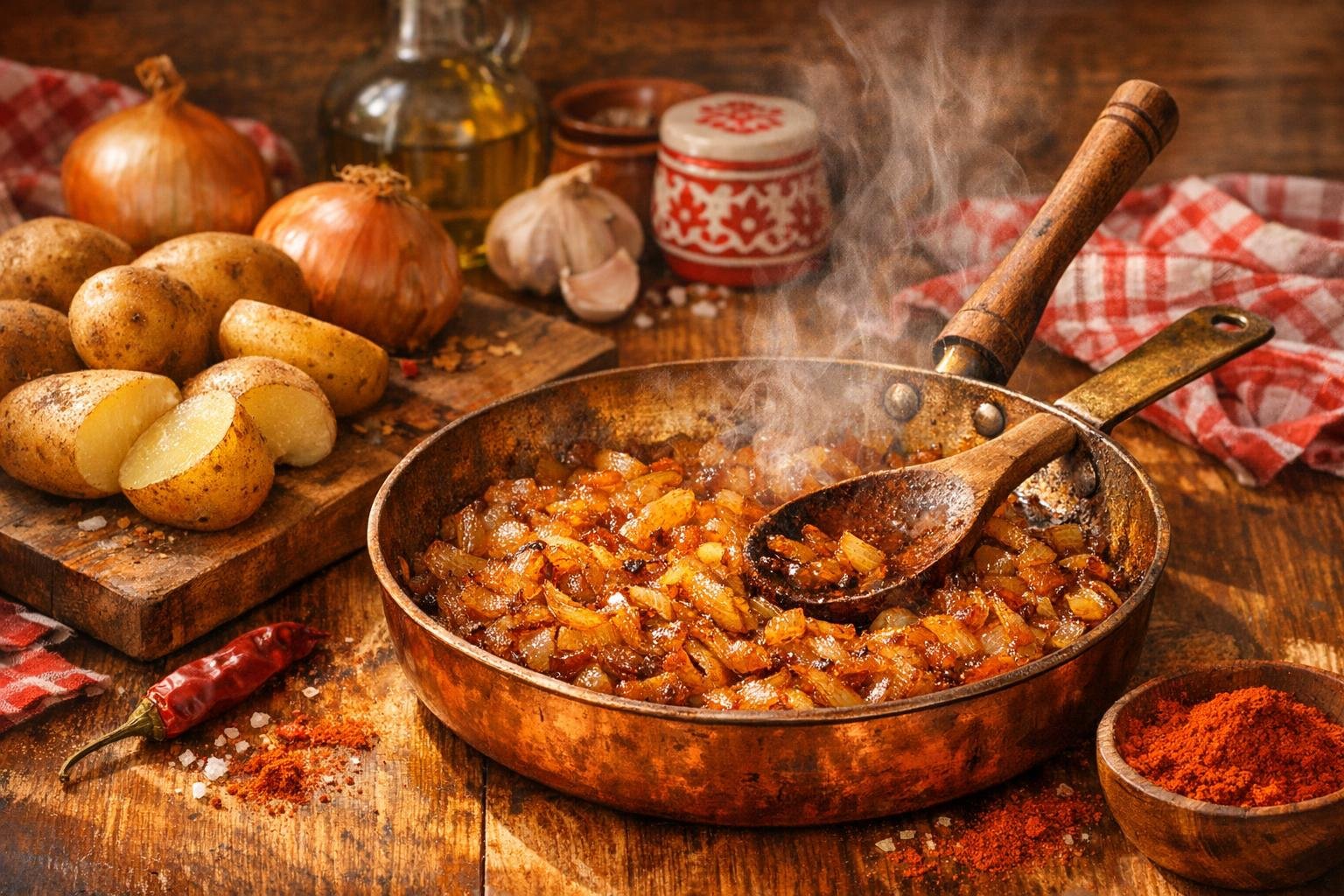 Hagyma és paprika illatú lobogó paprikás krumpli lassú tűzön aromákban készül