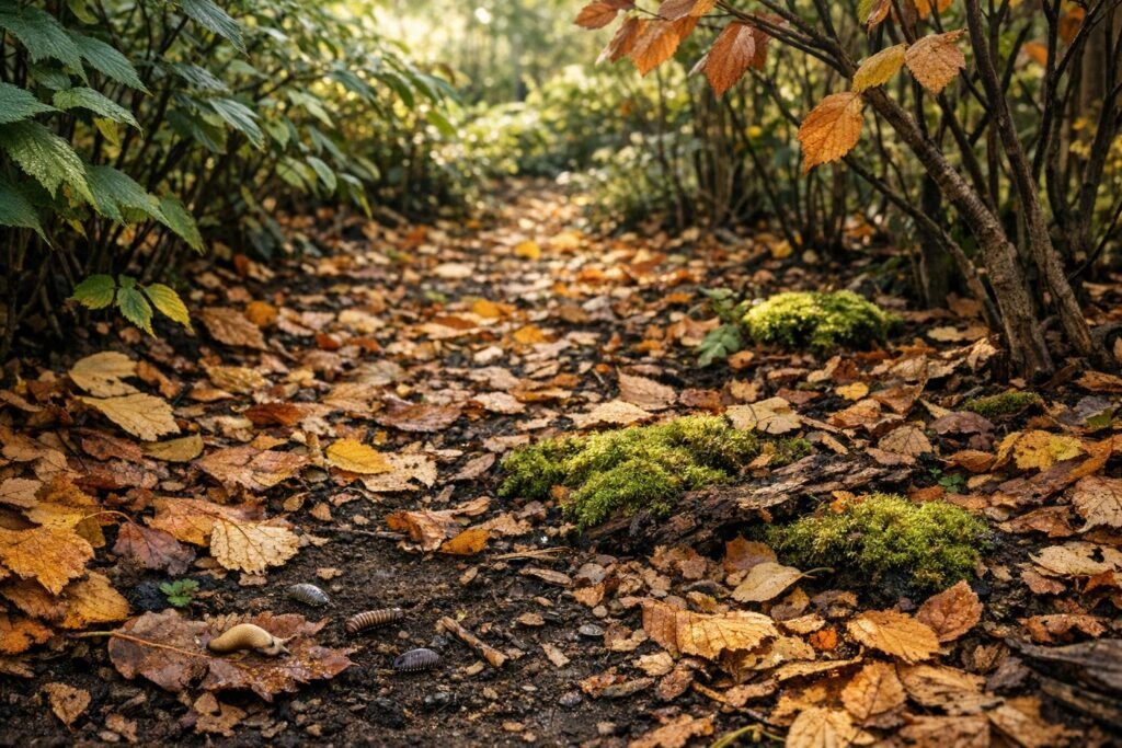Őszi kert, levelek a talajon maradnak, természettel összhangban és biodiverzitással.